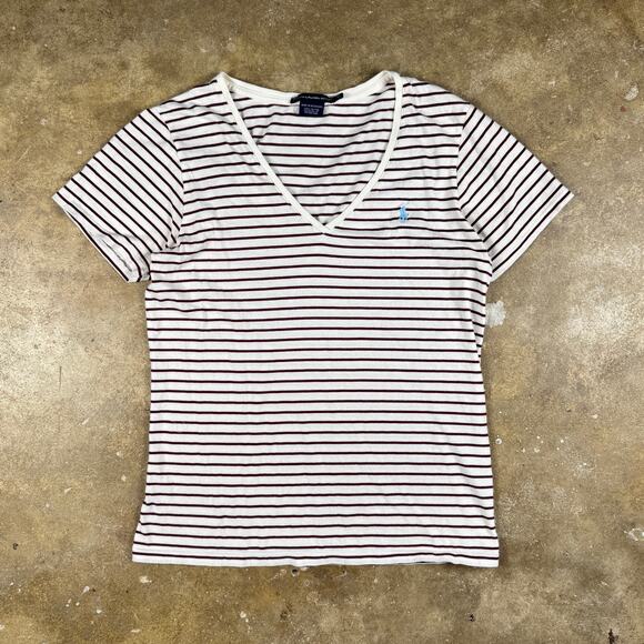 Ralph Lauren Sport Y2K Women’s XL Striped V-Neck T-Shirt Burgundy‎ White - Picture 1 of 11